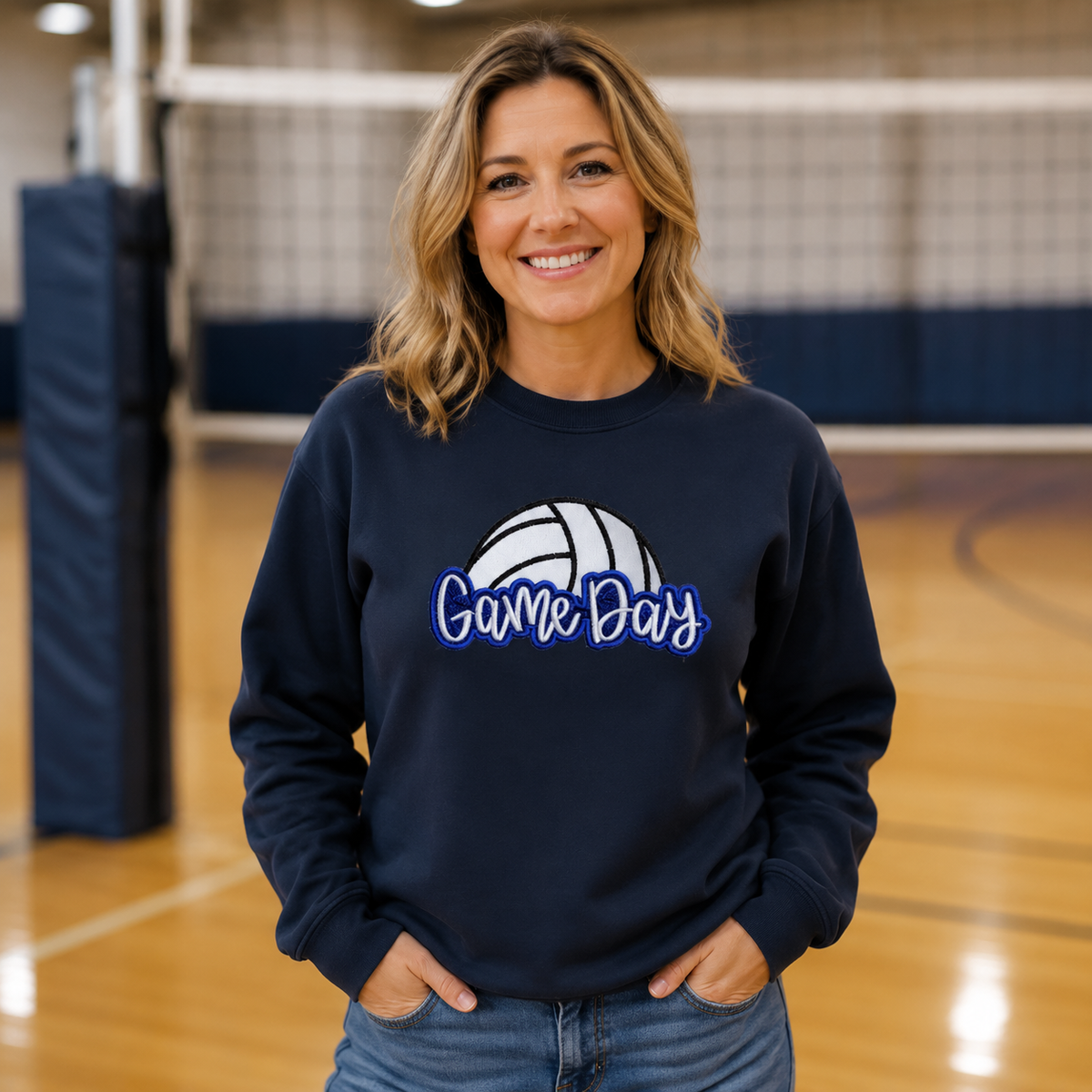 Navy Gildan Softstyle volleyball Game Day embroidered sweatshirt lifestyle mockup