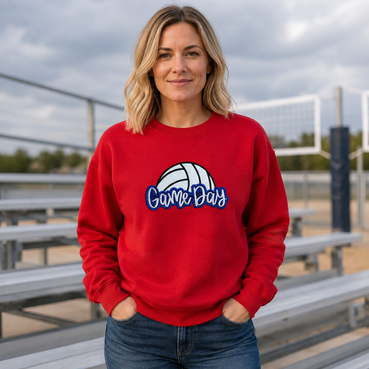 Red Gildan Softstyle volleyball Game Day embroidered sweatshirt lifestyle mockup