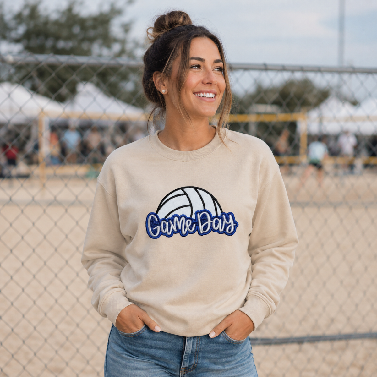 Sand Gildan Softstyle volleyball Game Day embroidered sweatshirt lifestyle mockup