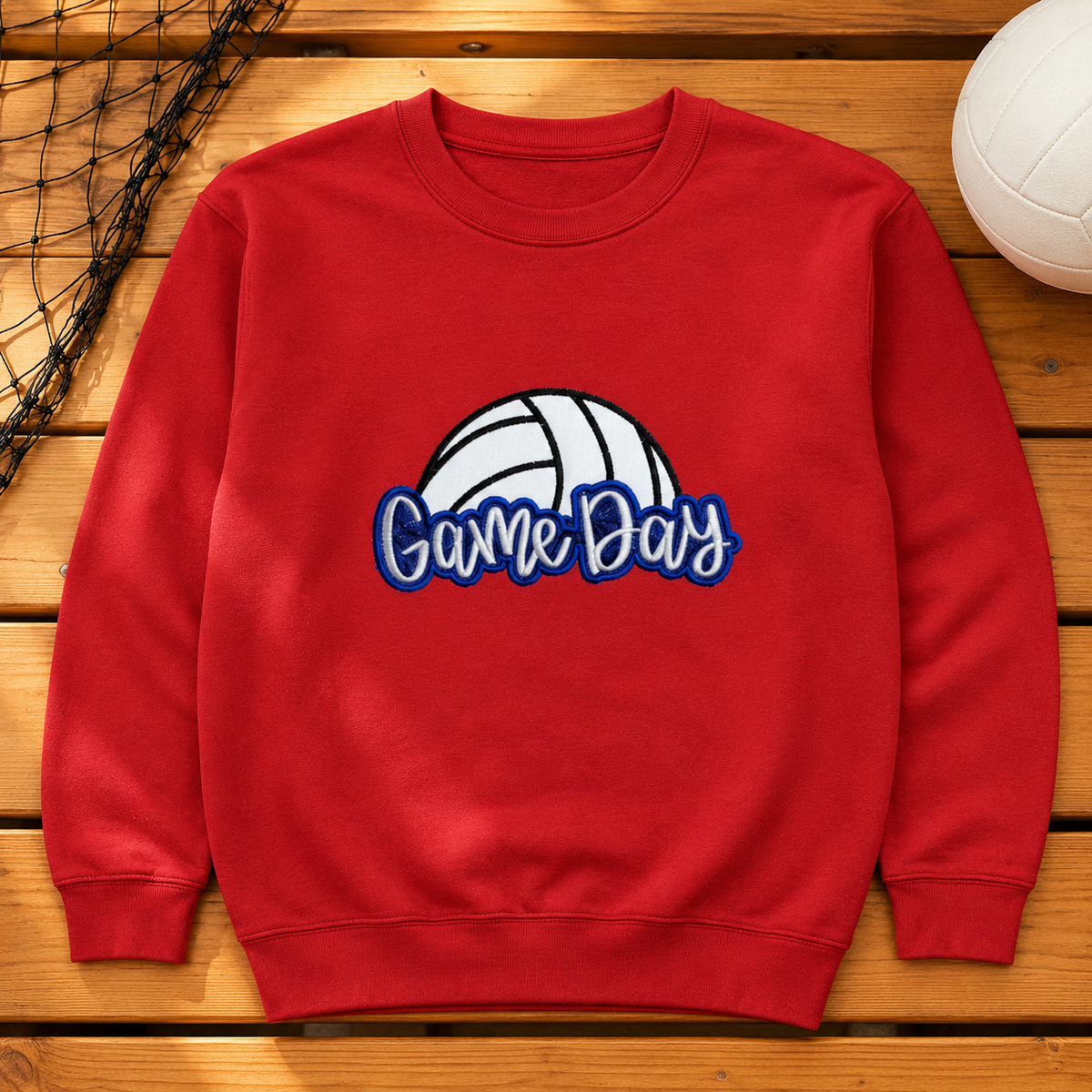Red Gildan Softstyle volleyball Game Day embroidery flat lay