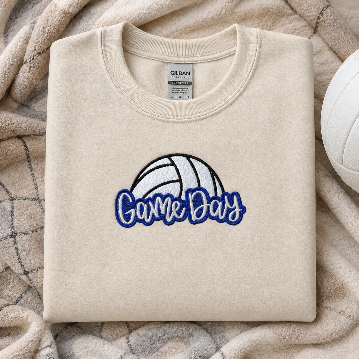 Sand Gildan Softstyle volleyball Game Day embroidery flat lay