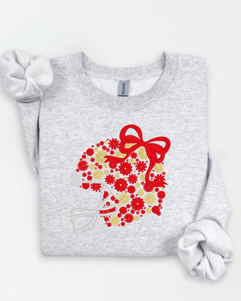 Ash Gildan sweatshirt with red floral football helmet Game Day embroidery