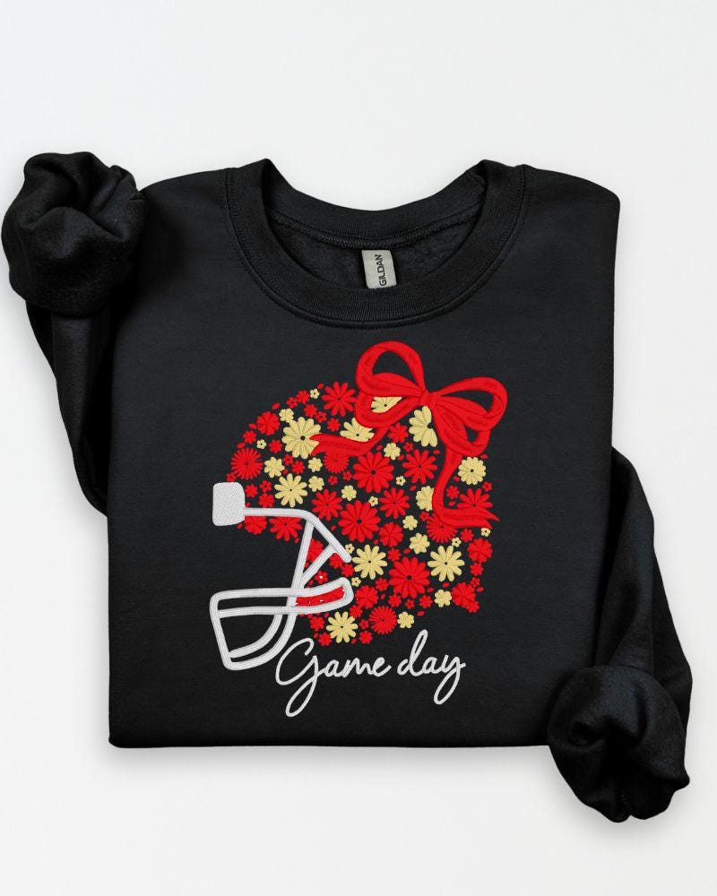 Black Gildan sweatshirt with custom red and gold floral football helmet Game Day embroidery