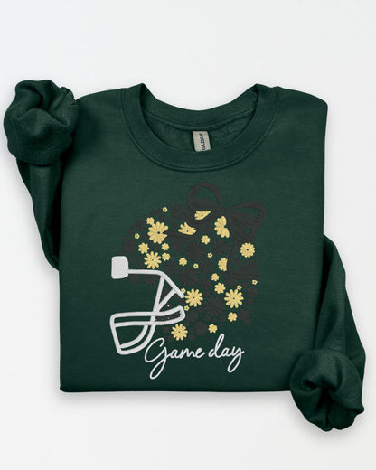 Green Gildan sweatshirt with gold floral football helmet and Game Day embroidery