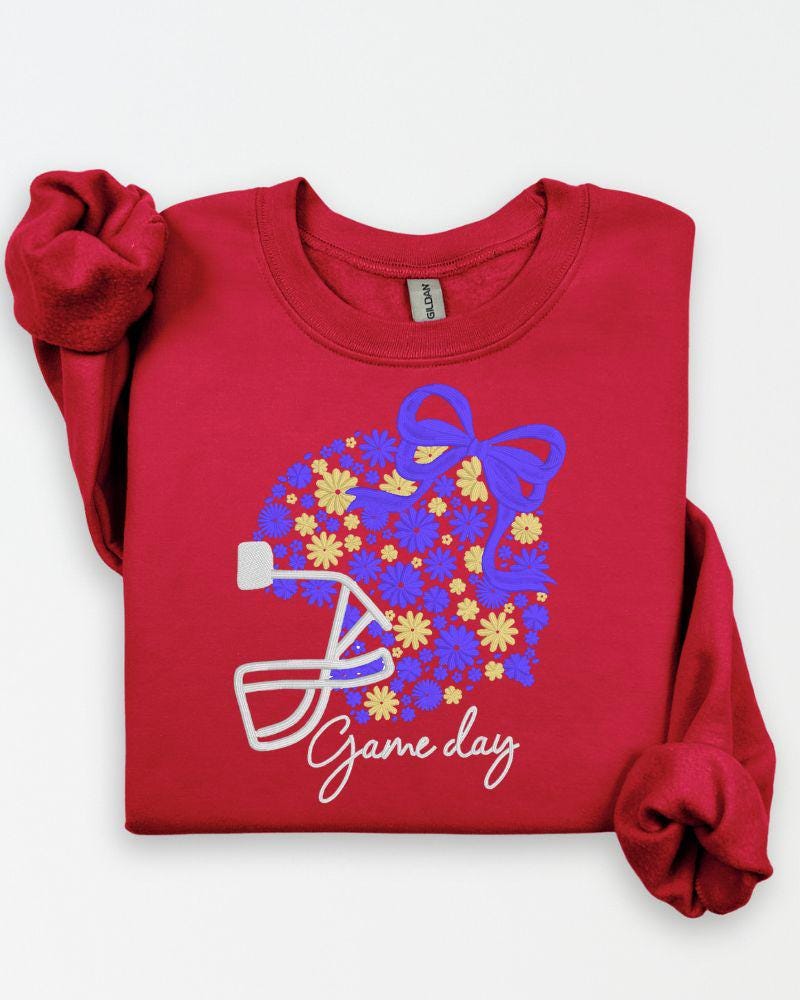 Red Gildan sweatshirt with blue and gold custom football helmet embroidery