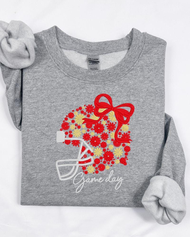 Sport Grey Gildan sweatshirt with red floral football helmet and bow embroidery