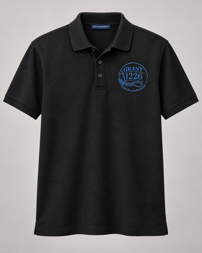 Black Port Authority K100 work polo with navy Grant 1226 left-chest embroidery, front product view