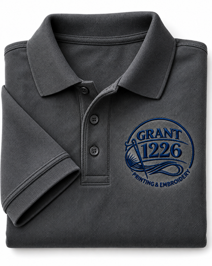 Charcoal Port Authority K100 work polo folded to show Grant 1226 left-chest embroidery