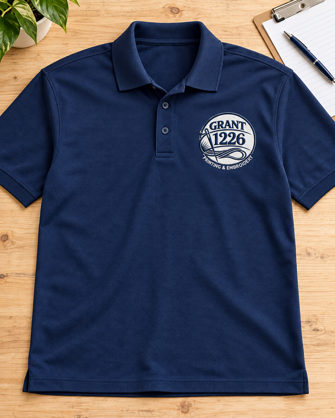 Navy Port Authority K100 work polo with Grant 1226 left-chest embroidery, styled flat lay