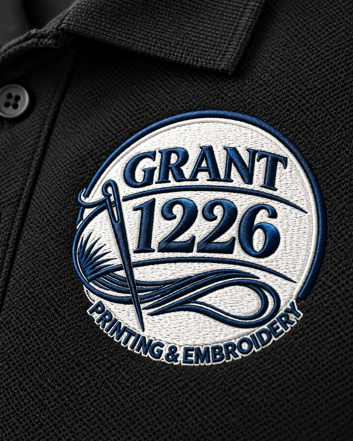 Close-up of navy and white Grant 1226 logo embroidery on black pique work polo