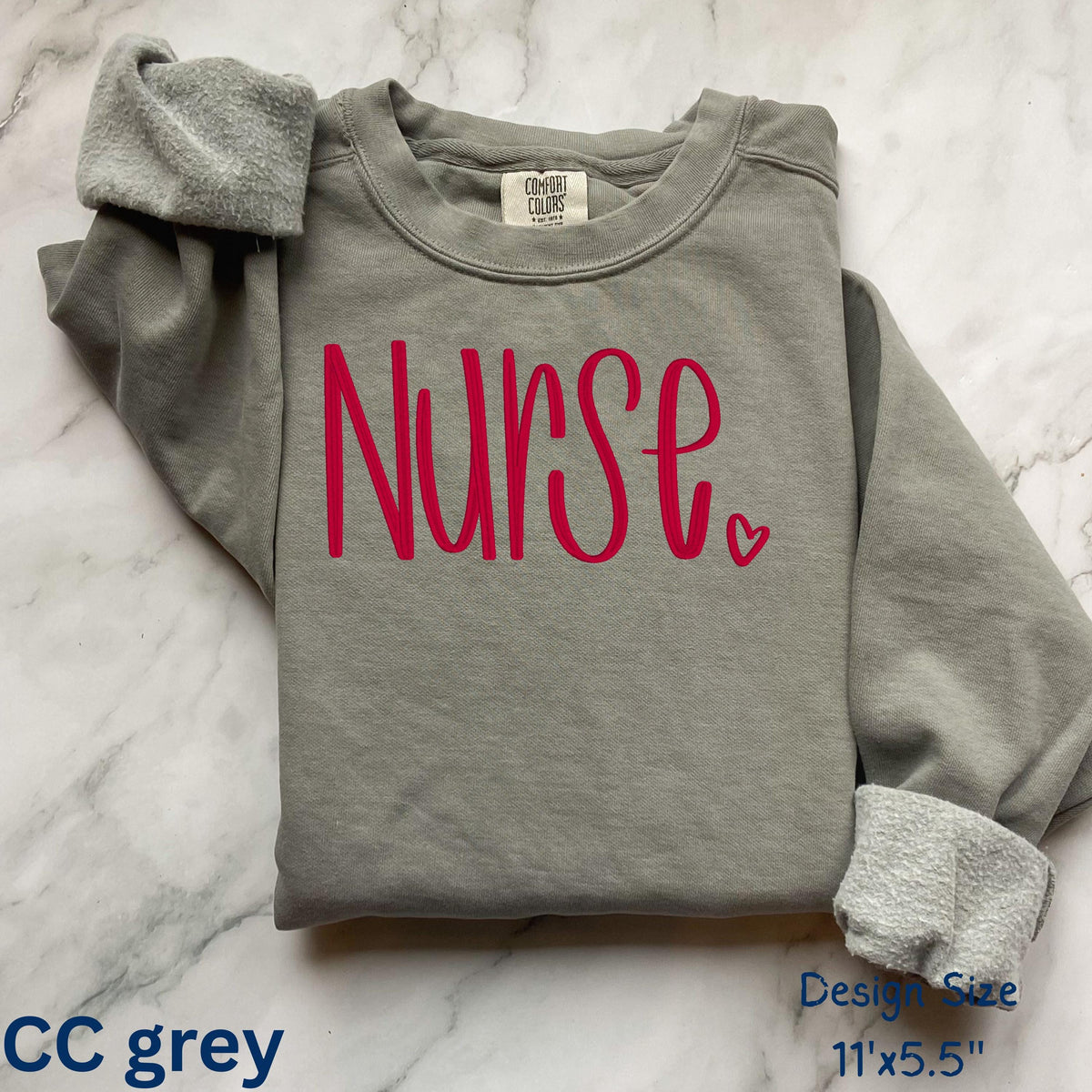 Gray sweatshirt with personalized Nurse script embroidery