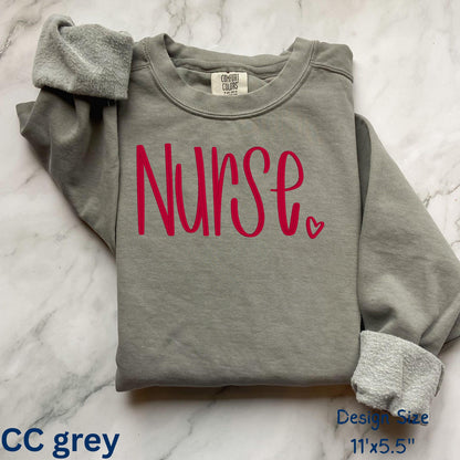 Gray sweatshirt with personalized Nurse script embroidery