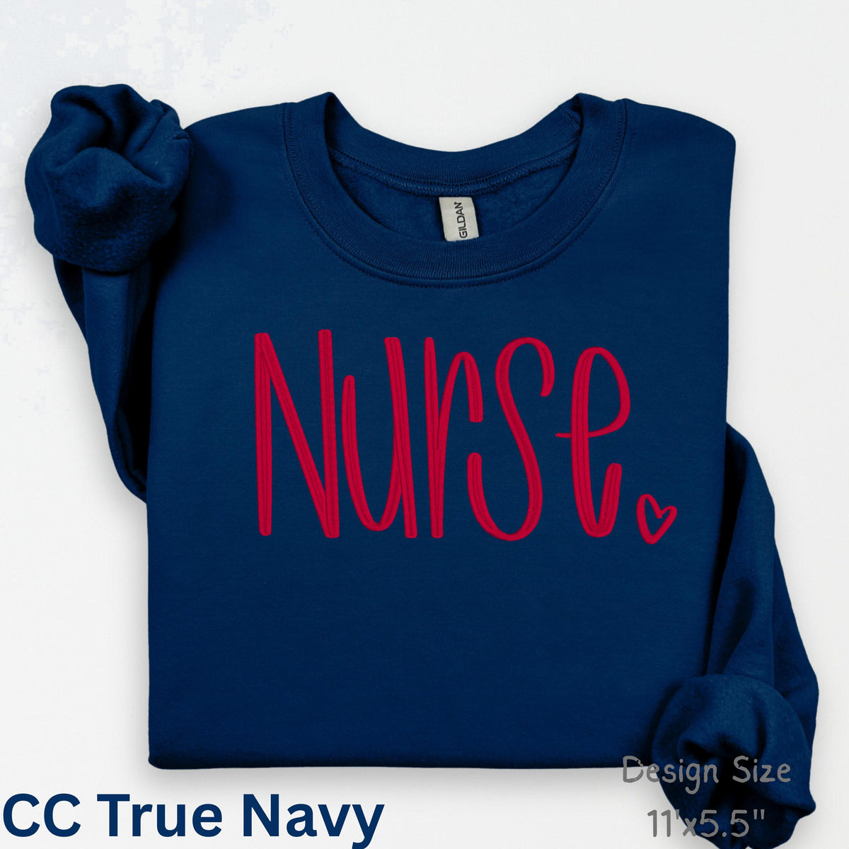True navy sweatshirt with personalized Nurse script embroidery