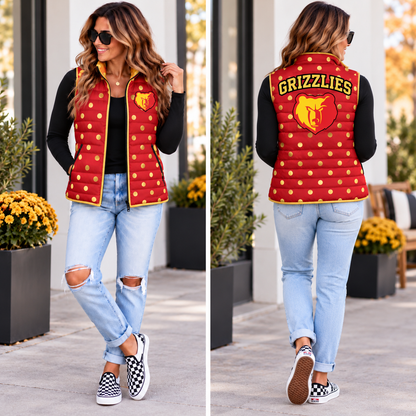 Custom red and gold polka dot school spirit puffer vest shown from the front and back