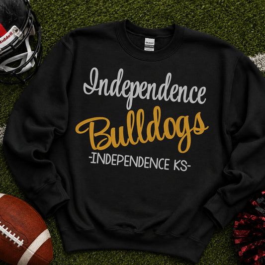 Black custom school spirit embroidered sweatshirt sample with three-line team wording