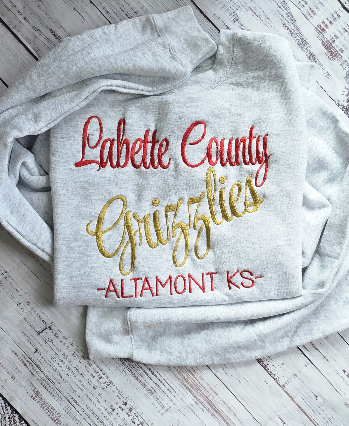 Ash custom school sweatshirt with embroidered three-line wording