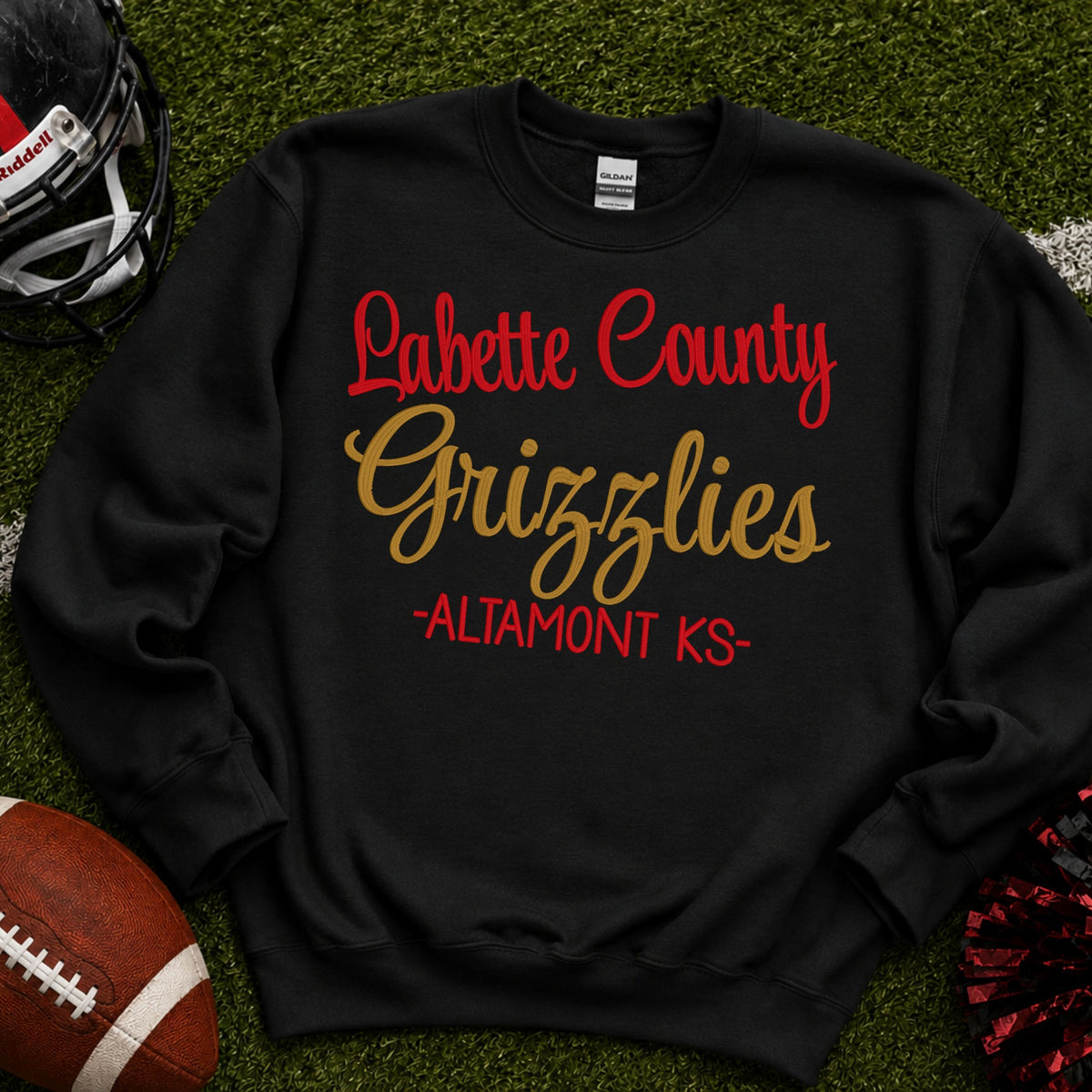 Black Gildan custom school team embroidered sweatshirt sample