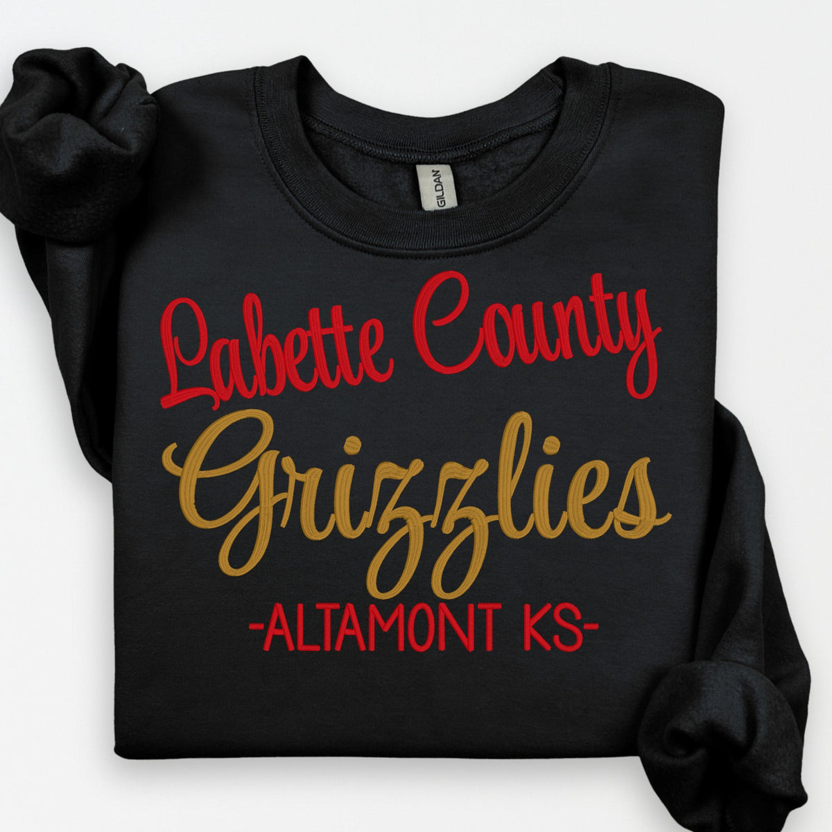 Custom school team wording sweatshirt with contrasting embroidery colors