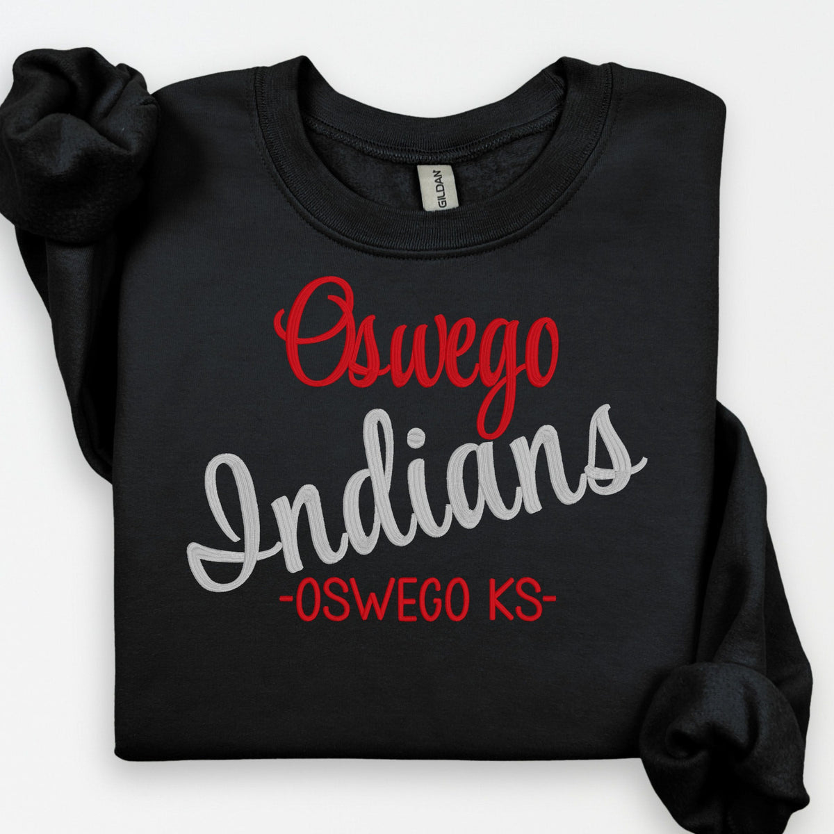 Black personalized hometown school sweatshirt with custom embroidery