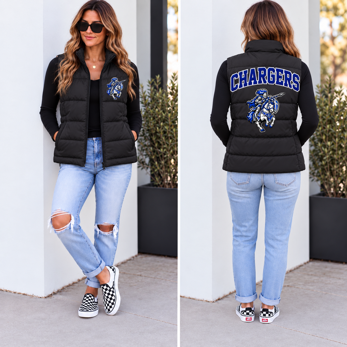 Custom solid black school spirit puffer vest with blue Chargers design shown from the front and back