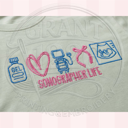 Close-up of Sonographer Life embroidery showing custom thread color options