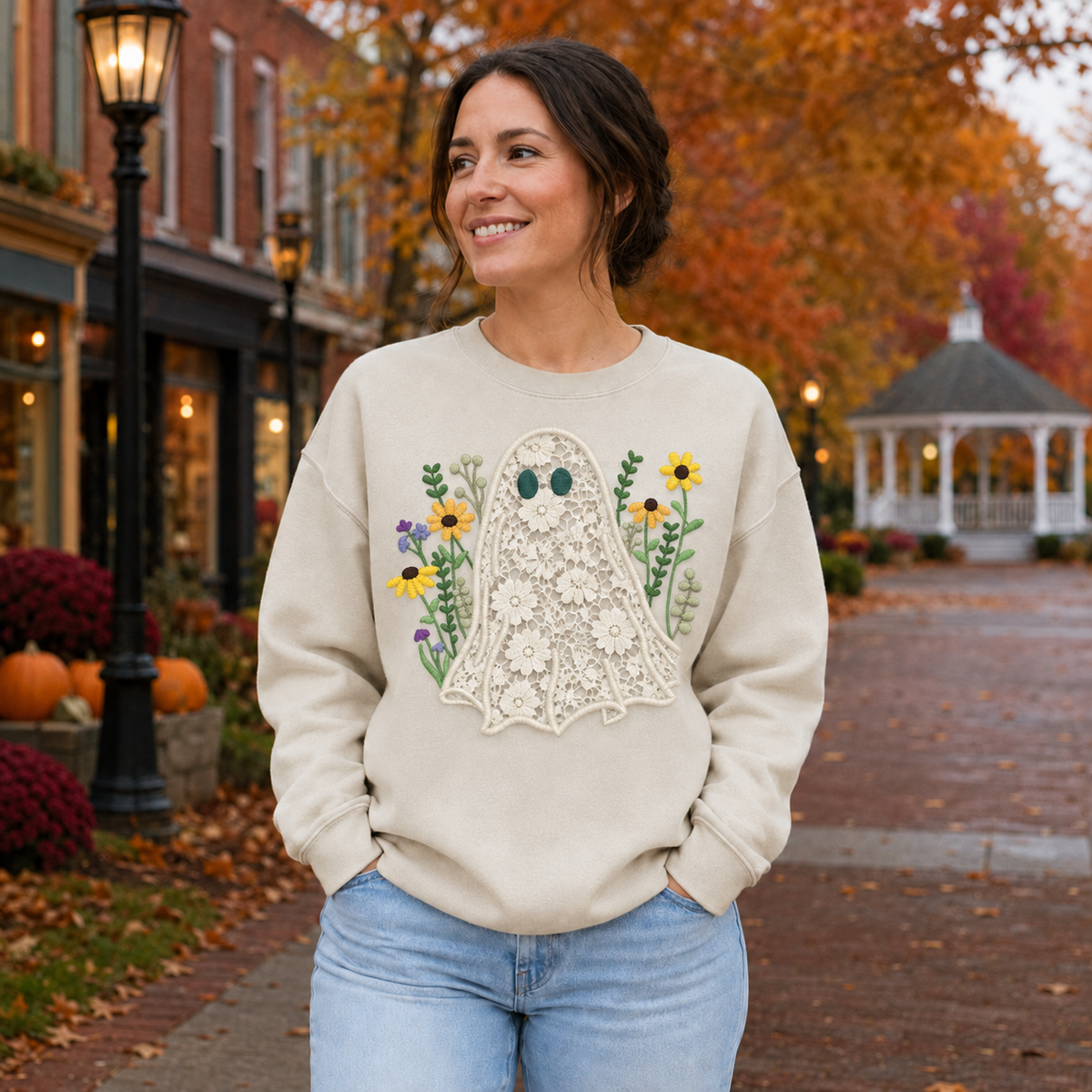 Sand sweatshirt with ivory lace ghost appliqué, teal eyes and embroidered fall wildflowers