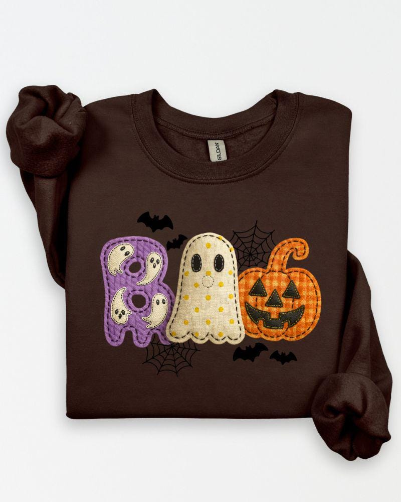 Cute Halloween BOO sweatshirt with playful ghost and pumpkin details