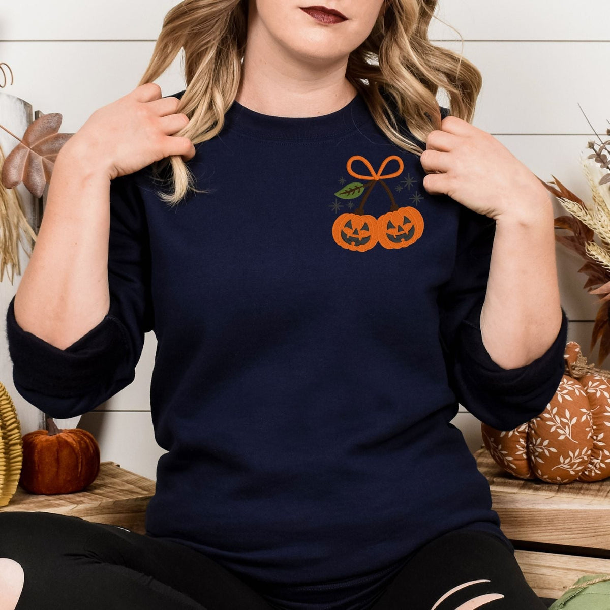 Navy cute Halloween sweatshirt with embroidered pumpkins, leaves and stars