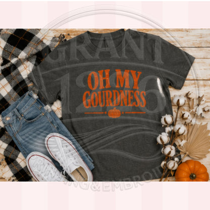 Charcoal Oh My Gourdness Comfort Colors fall shirt with burnt orange pumpkin graphic
