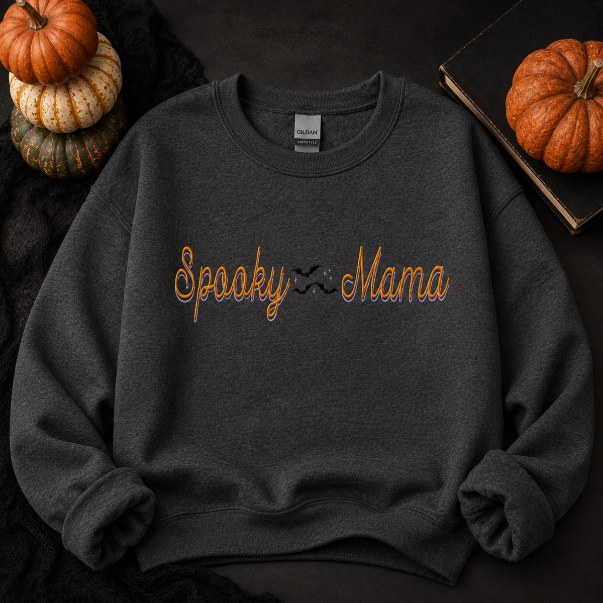 Dark Heather Gildan Softstyle Spooky Mama embroidered Halloween sweatshirt flat lay