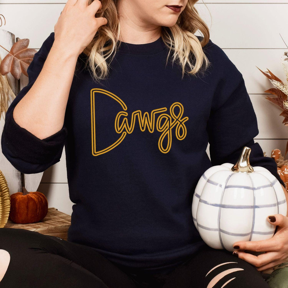 Navy Dawgs puff embroidered sweatshirt styled for a fall game day