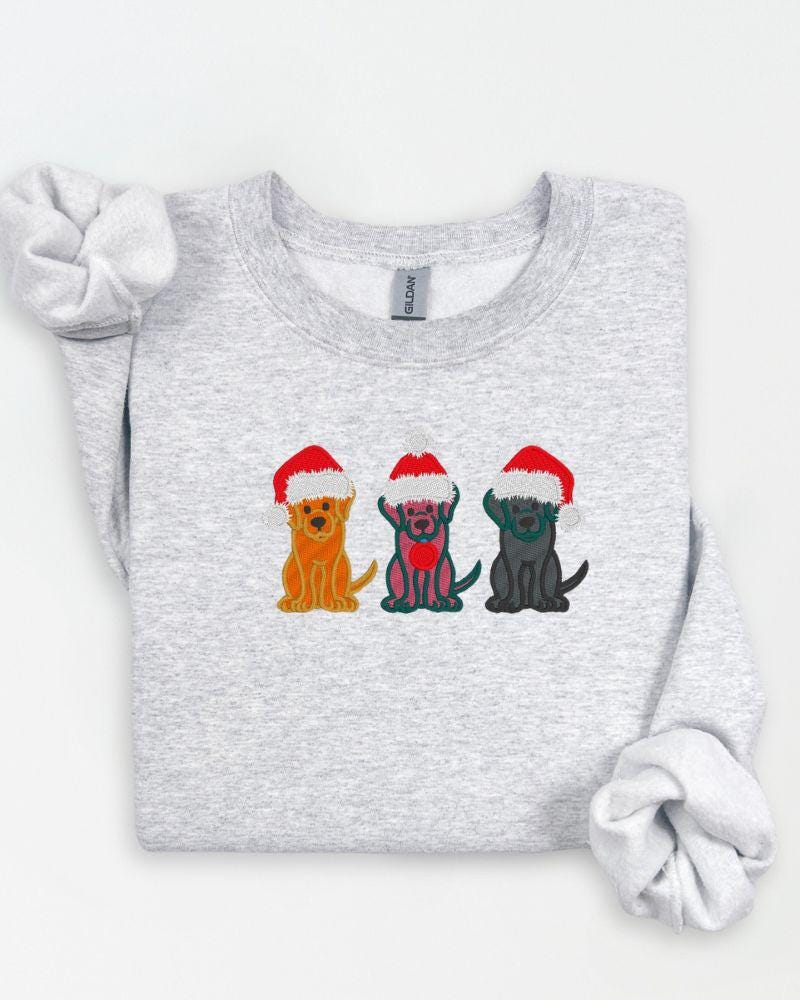 Gildan holiday crewneck embroidered with a trio of Santa hat dogs for dog moms
