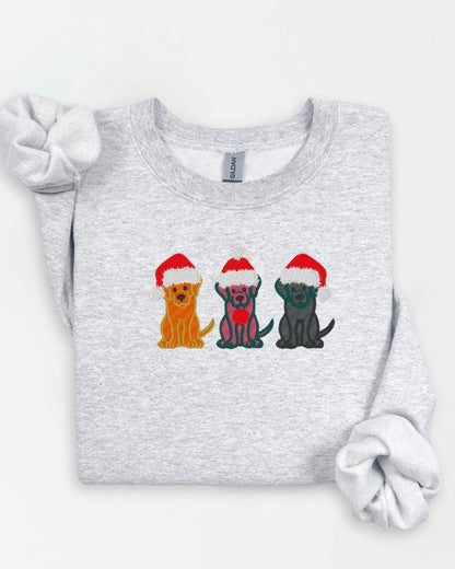 Gildan holiday crewneck embroidered with a trio of Santa hat dogs for dog moms