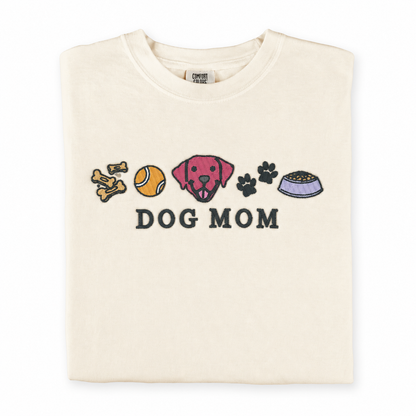 Folded Ivory Comfort Colors 1717 T-shirt with colorful Dog Mom embroidery