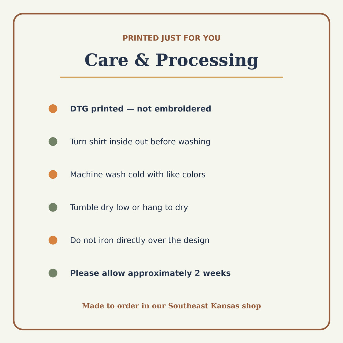 DTG Pumpkin Patch shirt care instructions and approximately two week made-to-order processing guide.