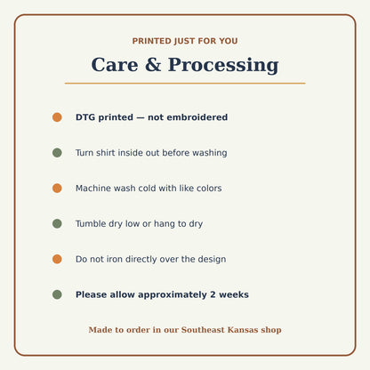 DTG Pumpkin Patch shirt care instructions and approximately two week made-to-order processing guide.