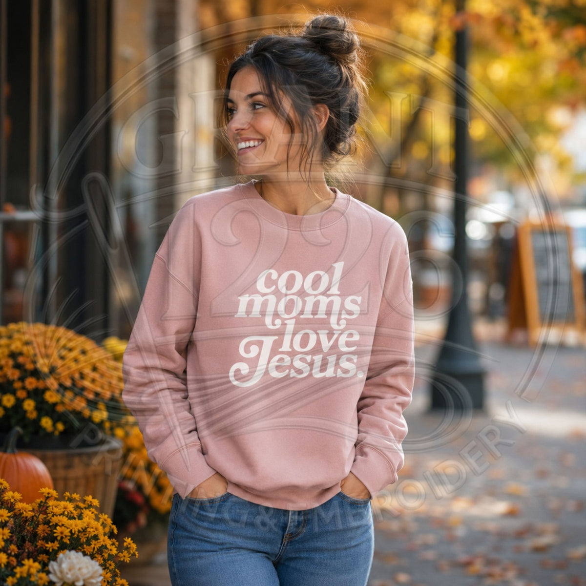 Light Pink Cool Moms Love Jesus Gildan Softstyle crewneck lifestyle