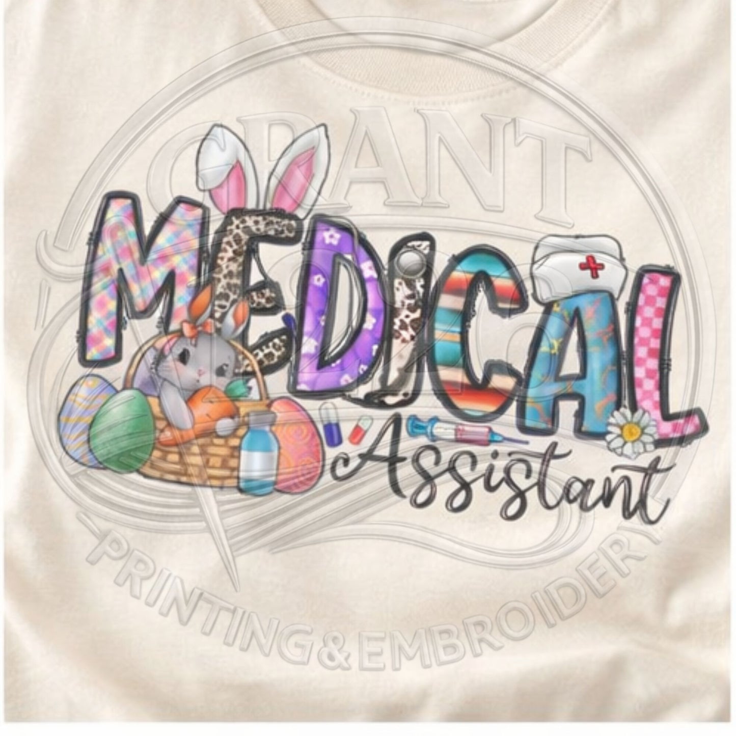Close up of Easter medical assistant shirt design detail