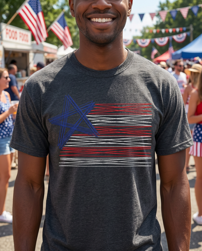 Man wearing charcoal embroidered patriotic American flag shirt at summer festival