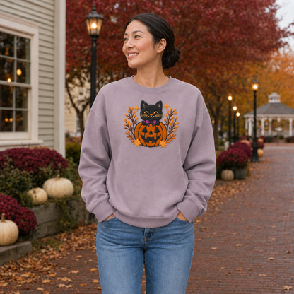 Paragon embroidered sweatshirt with black cat in jack-o-lantern Halloween design on an autumn town-square model mockup
