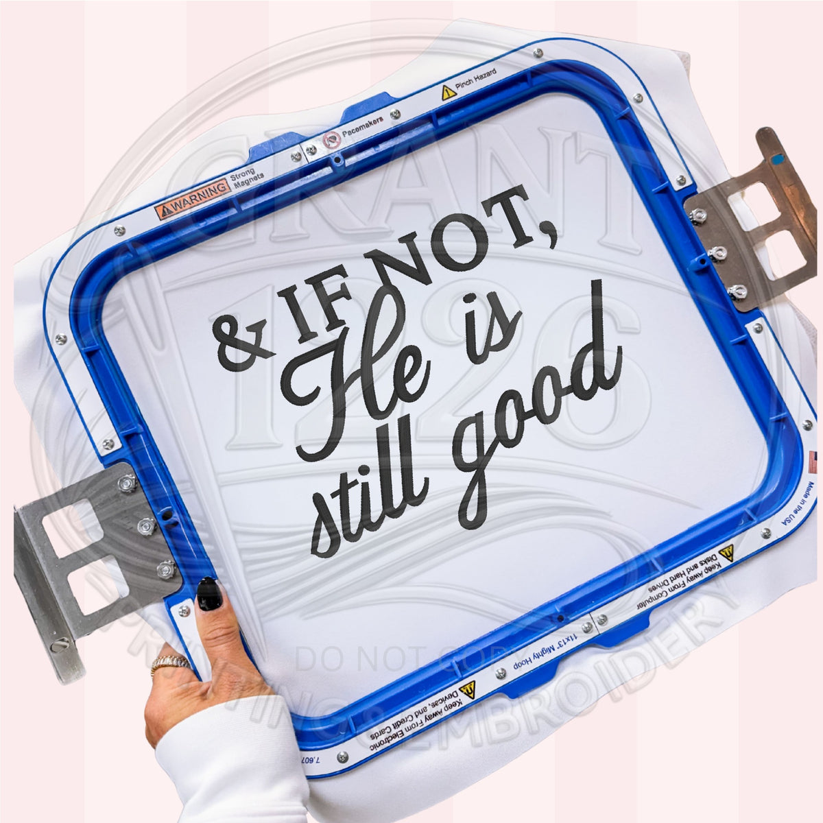 Close-up of And If Not He Is Still Good Christian shirt embroidery