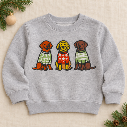 Toddler heather grey crewneck sweatshirt with three embroidered dogs wearing Christmas sweaters