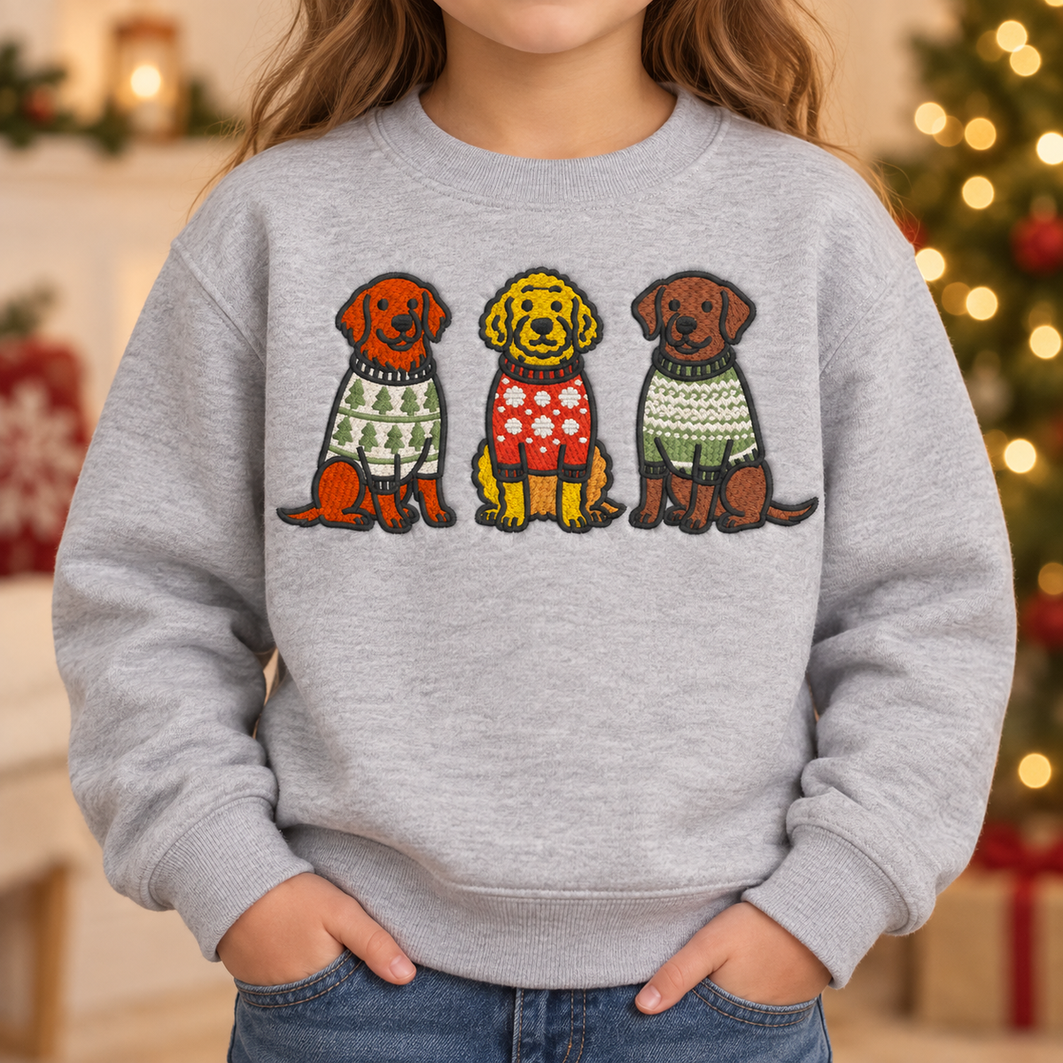 Youth wearing a heather grey embroidered Christmas dog sweatshirt with three festive dogs