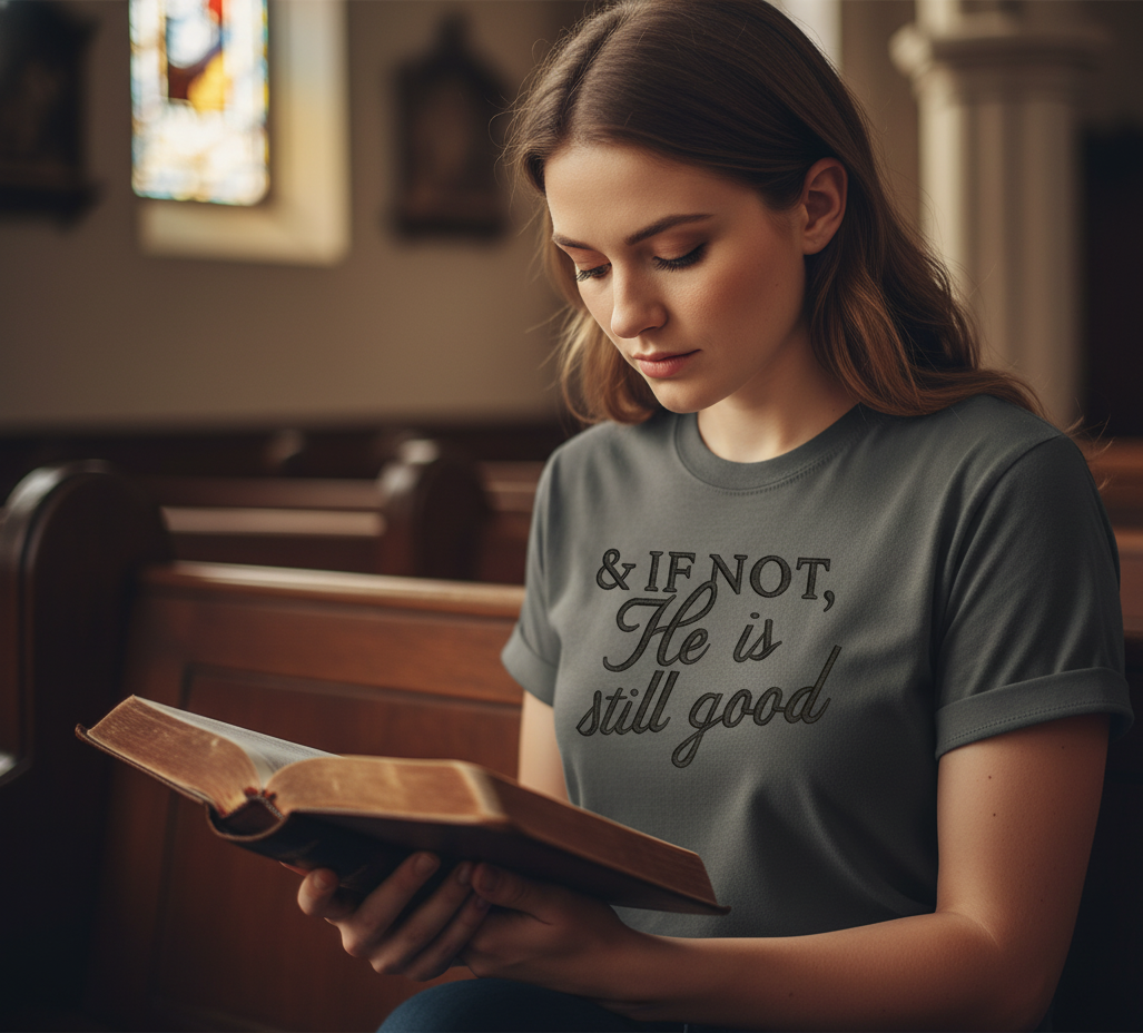 And If Not He Is Still Good embroidered Comfort Colors shirt worn at church