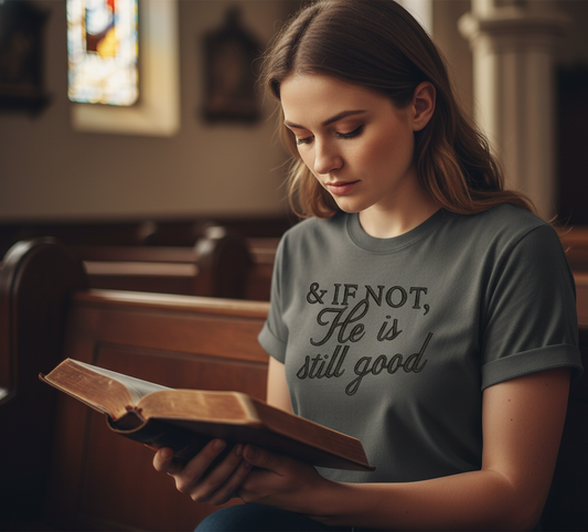 And If Not He Is Still Good embroidered Comfort Colors shirt worn at church