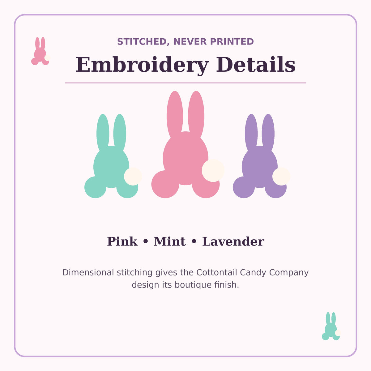 Pastel pink mint and lavender bunny embroidery design details
