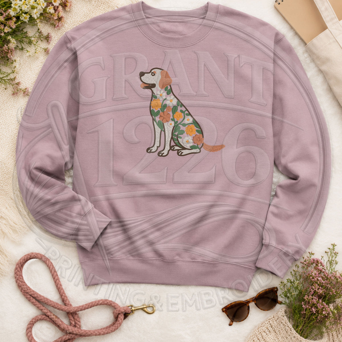 Mauve embroidered Labrador dog mom sweatshirt featuring a floral botanical Retriever design.