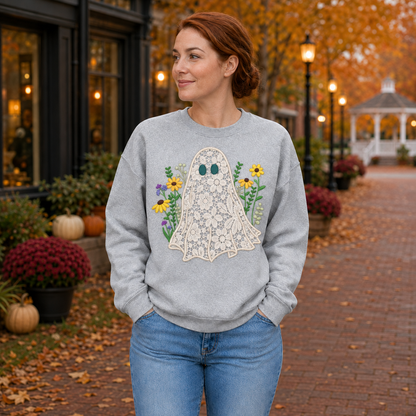 Sport grey sweatshirt modeled with a centered ivory lace ghost and embroidered floral design
