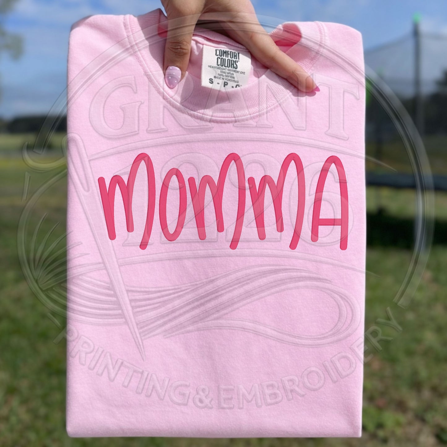 embroidered mama shirt on pink Comfort Colors tee