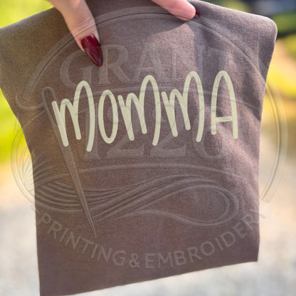 minimalist embroidered mama shirt on espresso brown Comfort Colors tee